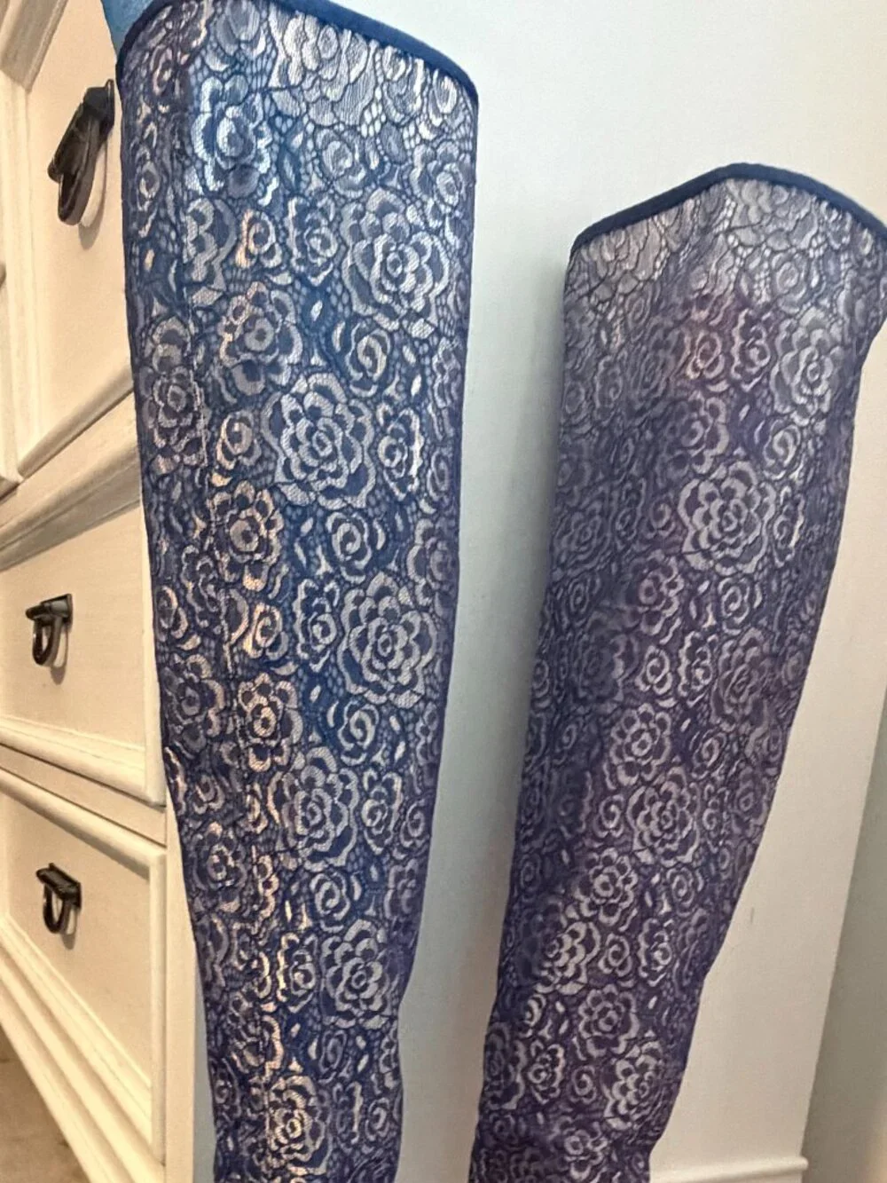 Navy Lace Over-the-Knee Heeled Boots
